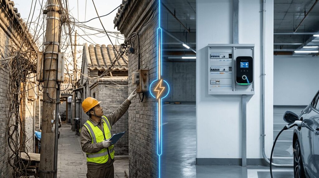A split-screen visual comparison for the upgrading your home power capacity guide for old Beijing hutongs vs new Shanghai apartments, showing the contrast between the chaotic, weathered overhead electrical wiring of a traditional Beijing hutong and the sleek, modern distribution panel and EV charger found in a new Shanghai apartment complex.