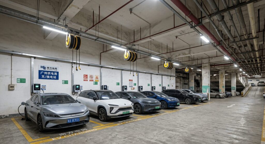 A collective EV charging station serving multiple electric vehicles in an older Guangzhou high-rise basement, demonstrating the flywire fix legal safe options for high-rise owners in Guangzhou through shared infrastructure, proper cable management, and fire safety compliance.