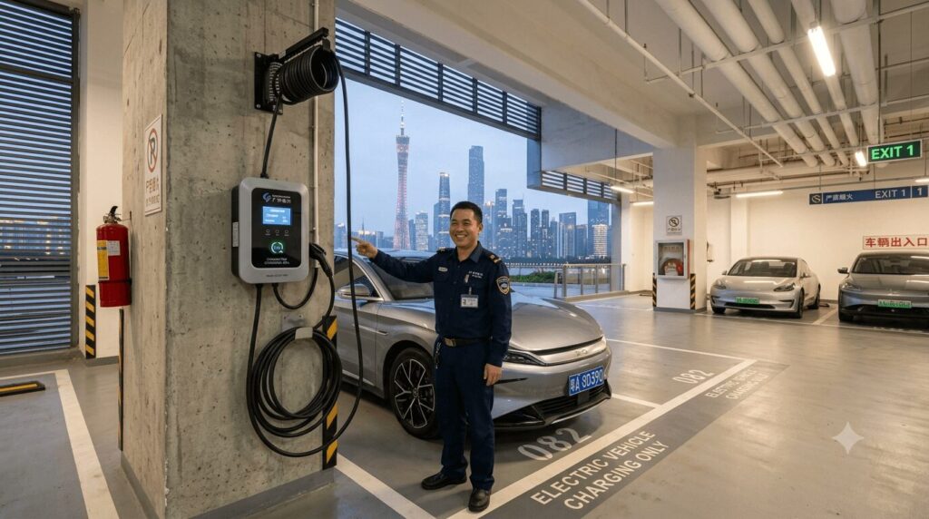A safe and legally installed EV charger in a Guangzhou high-rise underground car park, showcasing the flywire fix legal safe options for high-rise owners in Guangzhou with professional infrastructure, cable management, and fire safety equipment clearly visible.