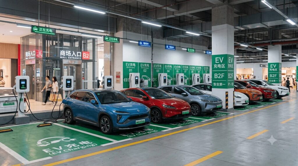 Cost of installing 10 chargers in a Chinese shopping mall permits power capacity and ROI — a modern underground car park in a Chinese shopping centre featuring 10 commercial EV charging stations with NEVs charging, showing the scale and configuration of a typical 10-charger commercial installation.