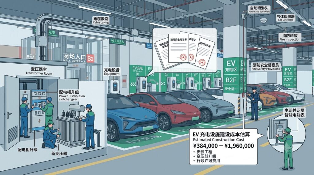 Cost of installing 10 chargers in a Chinese shopping mall permits power capacity and ROI — infographic illustration showing the complete installation process including transformer upgrade, cabling, fire safety provisions, and the five key government approvals (building owner consent, fire safety bureau, planning authority, grid connection, NEA commercial filing) required for a 10-charger commercial deployment.