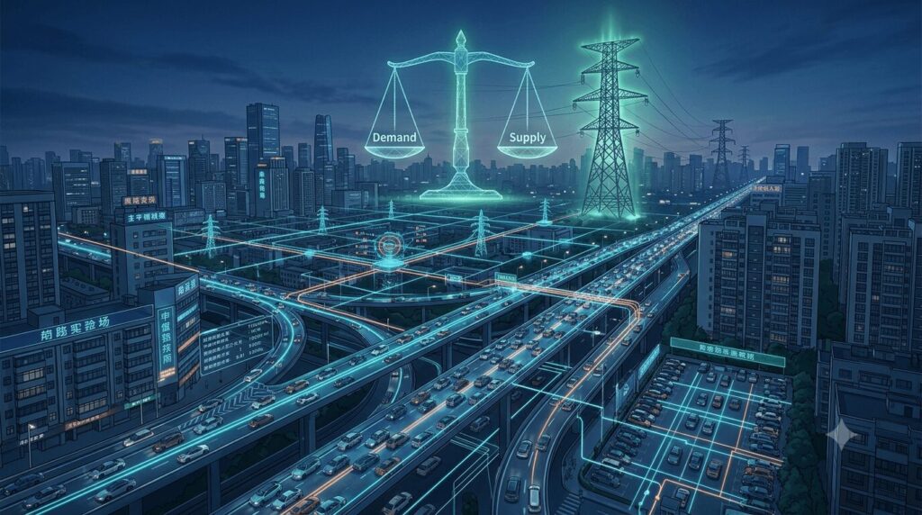 A futuristic aerial view of a Chinese megacity at twilight overlaid with a holographic digital grid map, EV traffic flows, and load-balancing nodes, visually representing the smart infrastructure analysis behind the question: target 20 million units can China's grid handle the EV load in 2026 - showcasing national aggregate capacity, regional transmission, and active demand management in action.