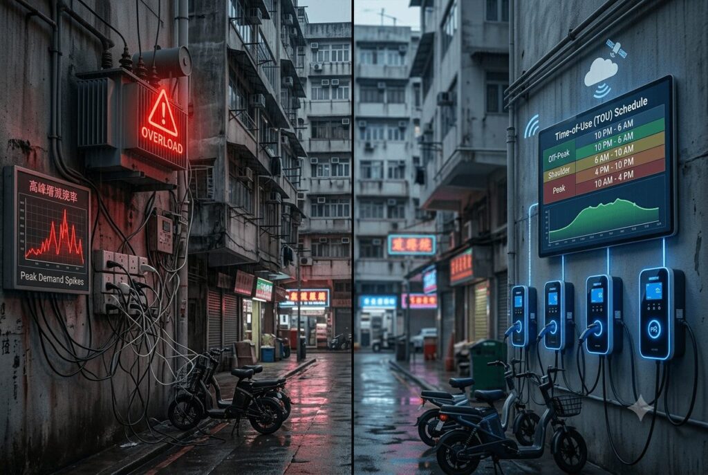 A split-scene photorealistic illustration of an older Chinese apartment block showing a stressed distribution transformer on the left versus cloud-connected OCPP smart chargers with staggered TOU scheduling on the right, specifically demonstrating how target 20 million units can China's grid handle the EV load in 2026 through smart local load balancing and coordinated valley-window charging rather than simply building more infrastructure.