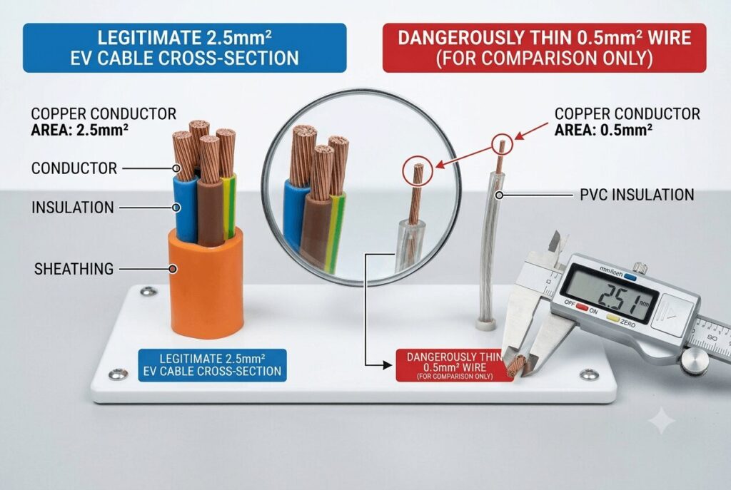 the Lader scams why cheap chargers on Pinduoduo are burning out — technical comparison photograph revealing undersized conductor cross-sections and dangerous cable quality inside cheap counterfeit EV chargers