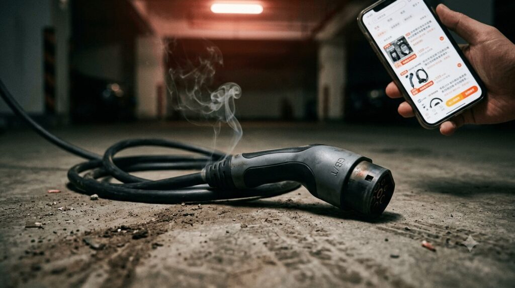 the Lader scams why cheap chargers on Pinduoduo are burning out — featured warning image of a counterfeit EV charger cable smoldering on a residential garage floor with fire risk