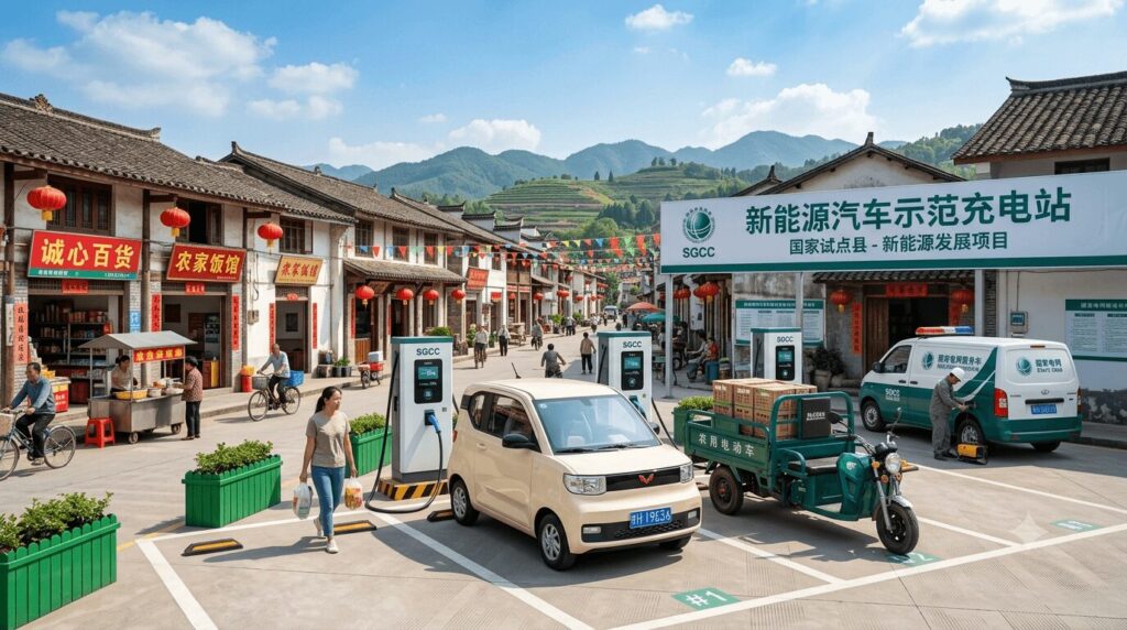 Rural charging boom 2026 how to start a charging business in China's 59 new pilot counties – a modern, sunlit EV charging hub in a bustling rural township with micro EVs and agricultural vehicles charging against a backdrop of traditional architecture and rolling hills, showcasing the real-world scale of the pilot county opportunity.