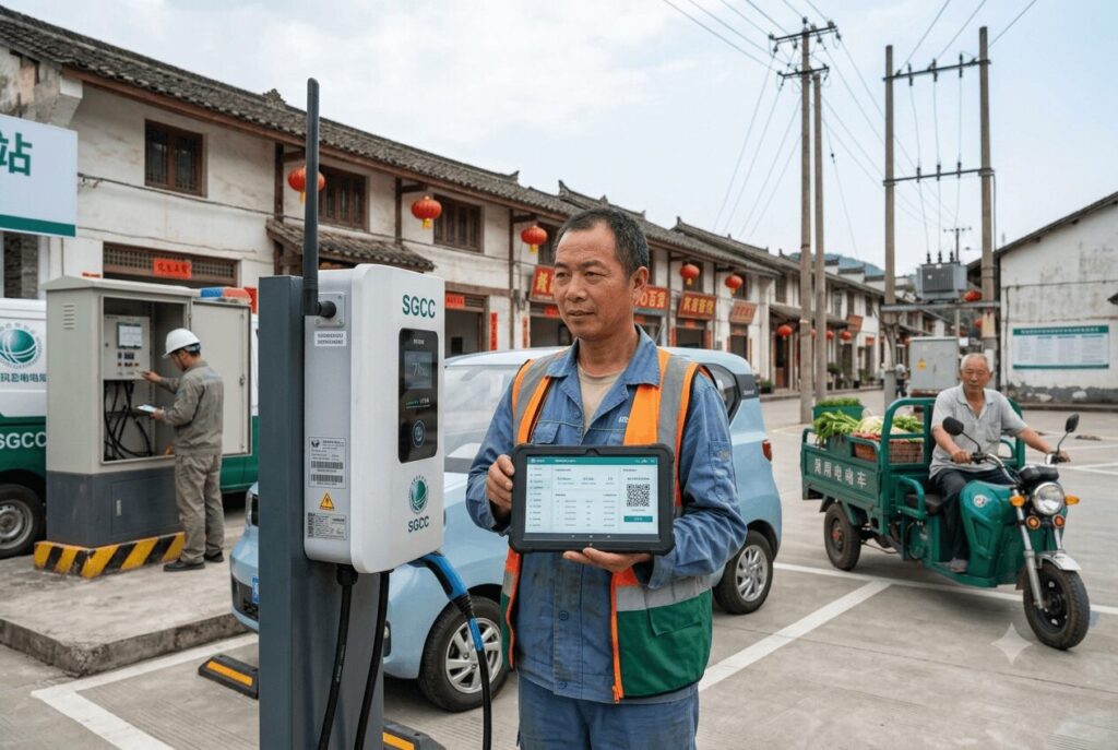 Rural charging boom 2026 how to start a charging business in China's 59 new pilot counties – a local entrepreneur monitors a management tablet beside a newly installed 7kW AC charging point at a township compound, while a grid technician inspects the rural connection, illustrating the critical site-level and grid-specific work required for success.