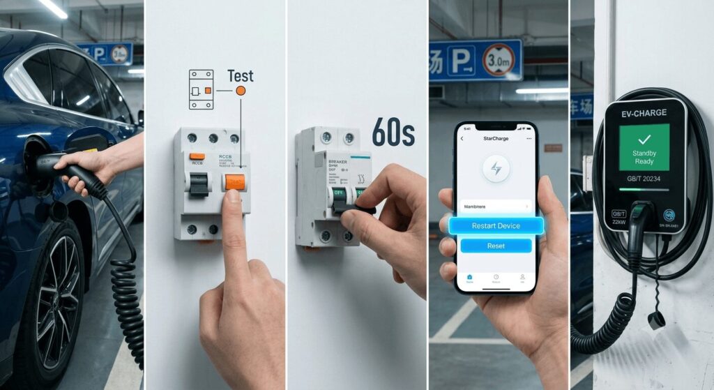 Step-by-step photographic guide showing the five-step universal reset procedure for a Chinese GB/T EV charger, including reconnecting the plug, resetting the RCCB, power-cycling the breaker, and using the app, providing a clear visual reference for error code E-07 what Chinese GB/T charger faults mean and how to reset.