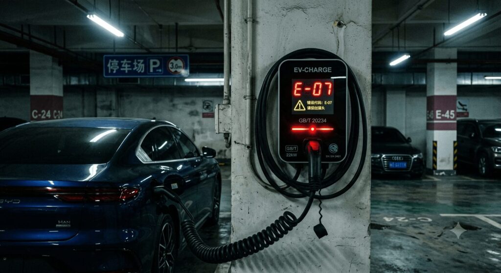 Close-up of a Chinese GB/T home EV charger displaying a glowing red error code E-07 on its digital screen, with a connected electric vehicle in an underground parking garage, illustrating the urgent troubleshooting scenario for error code E-07 what Chinese GB/T charger faults mean and how to reset.