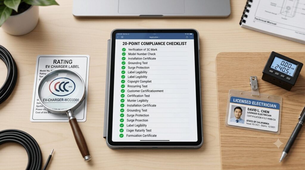 A practical visual guide for China's 3C deadline August 2026 is your current EV charger now illegal the 20 point checklist - featuring a 20-point digital checklist on a tablet alongside an EV charger certification label and magnifying glass, showing exactly how to verify your charger's compliance status.