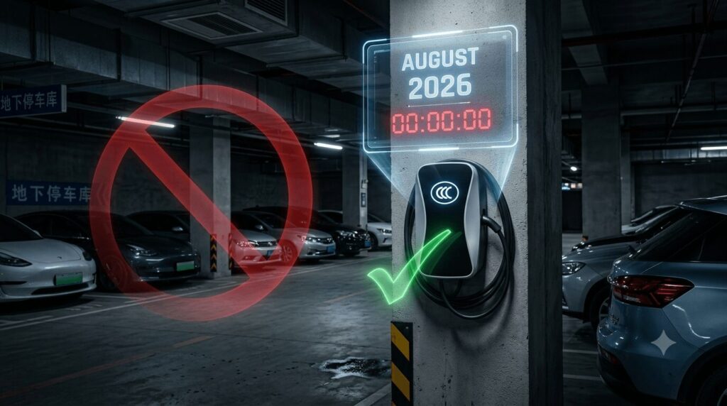 China's 3C deadline August 2026 is your current EV charger now illegal the 20 point checklist - a dramatic scene showing a home EV charger in a Chinese garage with a glowing August 2026 calendar deadline looming overhead, highlighting the urgent compliance question every owner faces.
