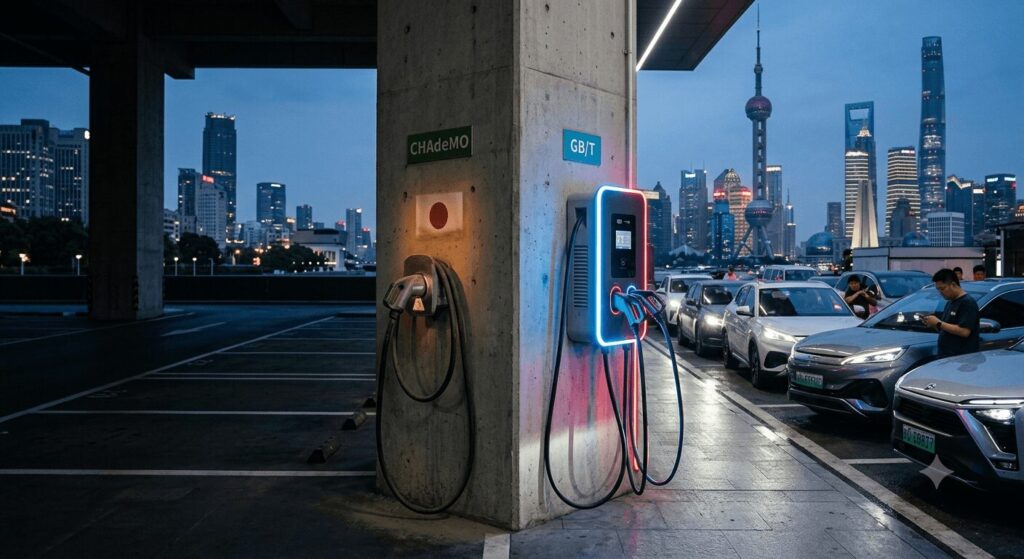 Featured image for CHAdeMO 3.0 vs GB/T why Japan's standard is losing in the Chinese market showing bustling GB/T chargers against an abandoned CHAdeMO unit