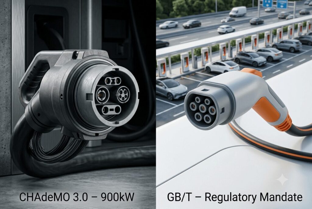 Side-by-side connector hardware comparison for CHAdeMO 3.0 vs GB/T why Japan's standard is losing in the Chinese market with technical specifications