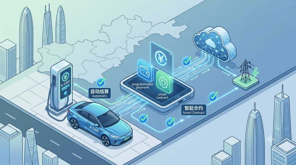 Digital yuan and smart charging how CBDC is automating EV payments in Shenzhen — infographic showing the automated payment flow from EV charging station through e-CNY smart contract to grid settlement, with programmable payment icons and automatic confirmation checkmarks.