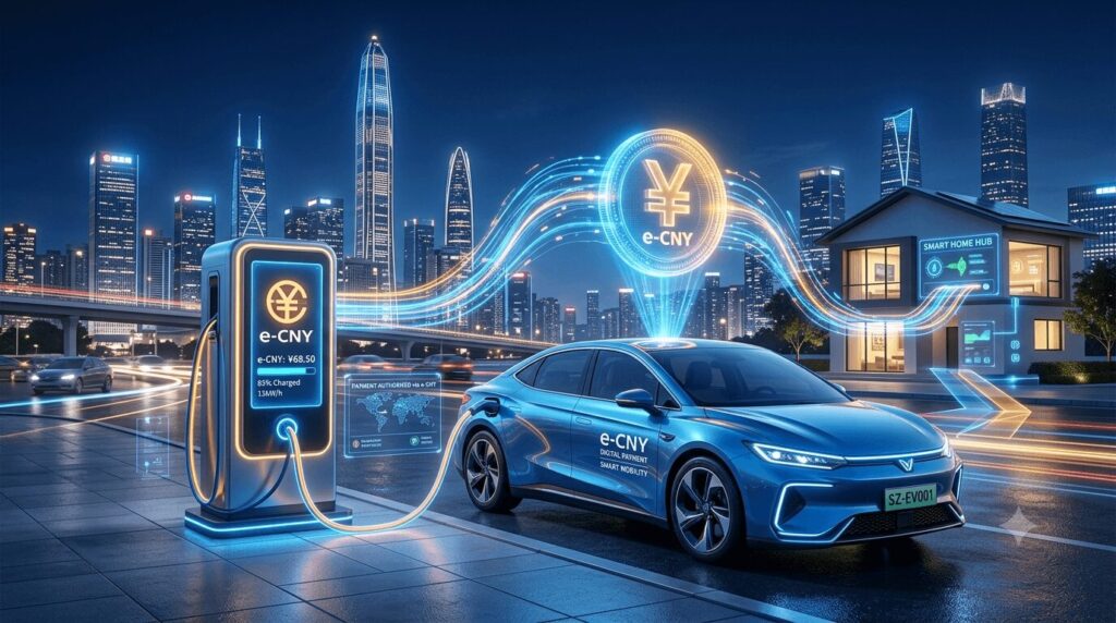 Digital yuan and smart charging how CBDC is automating EV payments in Shenzhen — a futuristic illustration showing an electric vehicle charging at a smart station with e-CNY holographic payment interface floating above, Shenzhen skyline at night.