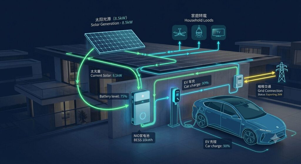 An infographic diagram showing the energy flow between solar panels, a home battery, an EV charger, and the grid, demonstrating battery energy storage systems BESS combining solar storage EV charging in China and how they work together.