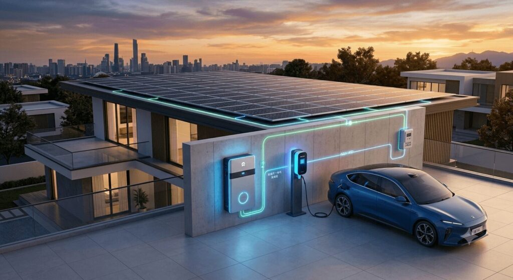 A modern Chinese villa with a rooftop solar array and an EV charger, illustrating the concept of battery energy storage systems BESS combining solar storage EV charging in China for a smart, integrated home energy future.
