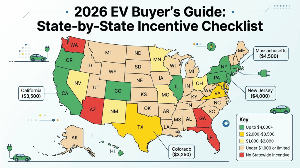 2026 EV buyer's guide: a state-by-state incentive checklist for the US — colour-coded map showing California $3,500 rebate, Colorado up to $3,250 tax credit, New Jersey up to $4,000, Massachusetts up to $4,500, and states with no statewide purchase incentives