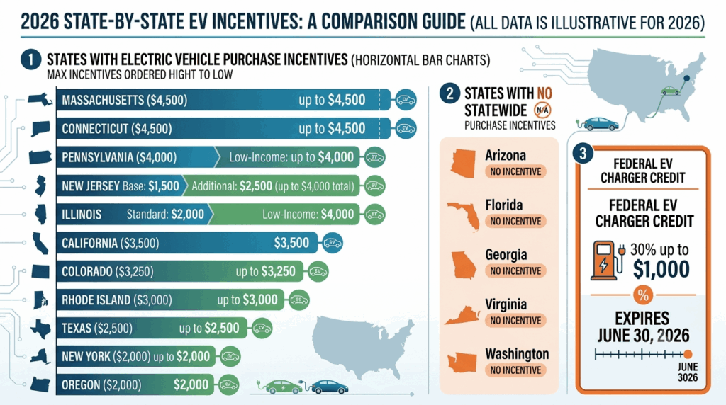 2026 EV buyer's guide: a state-by-state incentive checklist for the US — comparison chart showing California $3,500, Colorado $3,250, New Jersey $4,000, Massachusetts $4,500, and states with no incentives including Arizona, Florida, Georgia, Virginia, and Washington