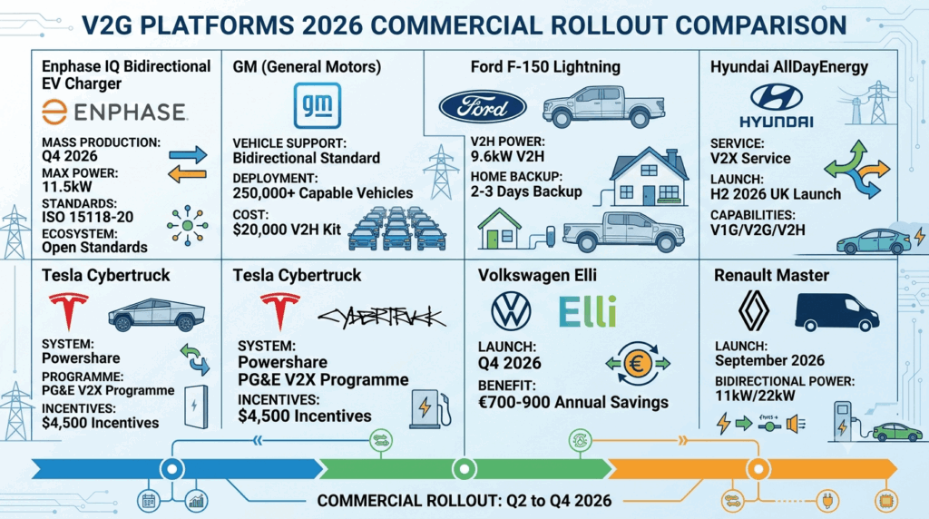 V2G goes commercial in 2026: Enphase, GM, Ford, Hyundai, Kia, Tesla launch platforms — comparison chart showing Enphase IQ Bidirectional EV Charger Q4 2026 mass production, GM V2G as standard, Ford F-150 Lightning 9.6kW V2H, Hyundai AllDayEnergy H2 2026, Tesla Cybertruck V2G, Volkswagen Elli Q4 2026, and Renault Master September 2026