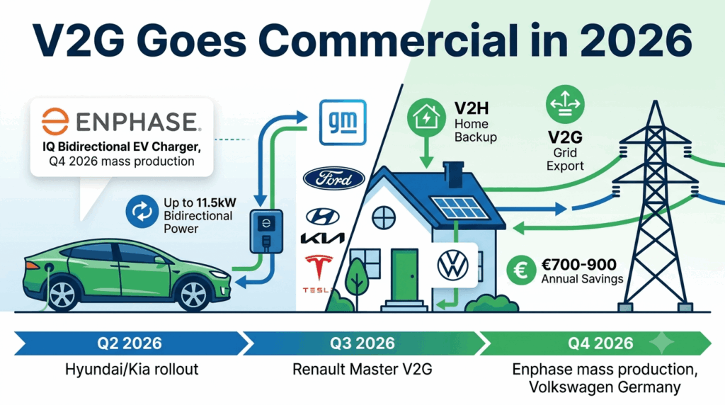 V2G goes commercial in 2026: Enphase, GM, Ford, Hyundai, Kia, Tesla launch platforms — infographic showing Enphase IQ Bidirectional EV Charger Q4 2026 mass production, GM V2G push, Ford F-150 Lightning V2H, Hyundai AllDayEnergy, Tesla Cybertruck V2G, and Volkswagen Elli V2G offering