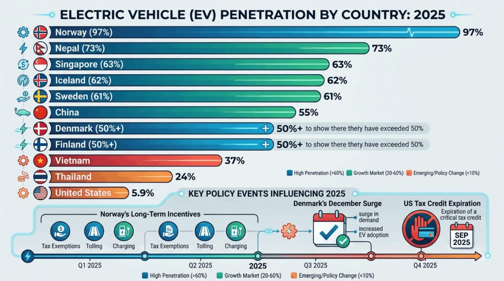 Nation-by-nation BEV penetration ranking: Norway at 97.9%, Denmark at 80%, US at 5.9% — comparison chart showing Norway leading global EV adoption at 97 percent, Denmark at 80 percent, Nepal at 73 percent, Sweden at 61 percent, China at 55 percent, and United States at 5.9 percent