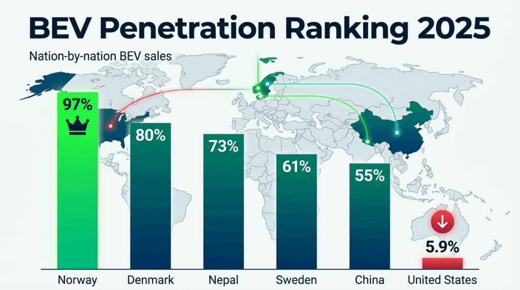 Nation-by-nation BEV penetration ranking: Norway at 97.9%, Denmark at 80%, US at 5.9% — infographic showing Norway leading at 97 percent, Denmark at 80 percent, Nepal at 73 percent, Sweden at 61 percent, China at 55 percent, and United States at 5.9 percent