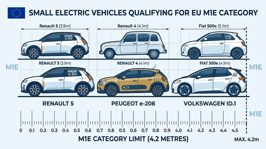 The EU's Omnibus automotive proposal a new small and affordable EV category is coming — size comparison chart showing qualifying M1E electric vehicles including Renault 5, Peugeot e-208, Fiat 500e and Volkswagen ID.1, all under the 4.2 metre maximum length limit for the new small EV classification