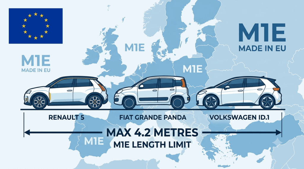 The EU's Omnibus automotive proposal a new small and affordable EV category is coming — infographic showing the M1E vehicle category for electric cars up to 4.2 metres in length, with Renault 5, Fiat Grande Panda and Volkswagen ID.1 models qualifying for the new classification, manufactured in the EU with super-credit incentives