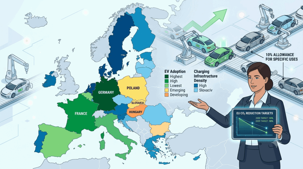 A European policy infographic illustrating the EU 2035 ICE ban softened to 90 percent what does the December 2025 proposal mean now for different EU member states, with an EV assembly line showing the 90% electric and 10% ICE allowance.