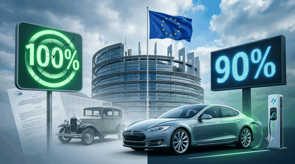 A photorealistic split-scene illustration of the EU 2035 ICE ban softened to 90 percent what does the December 2025 proposal mean now, showing a cracked 100% target fading into a glowing 90% sign over the European Parliament with an electric car charging in the foreground.