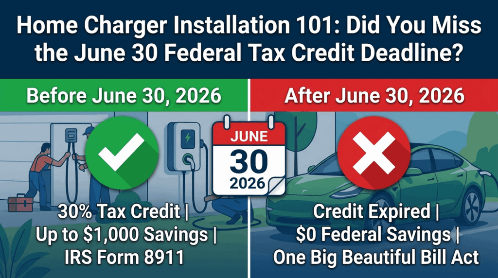 Home charger installation 101: did you miss the June 30 federal tax credit deadline? Infographic showing 30C tax credit offering 30% up to $1,000 before June 30, 2026, and credit expired after deadline with $0 federal savings