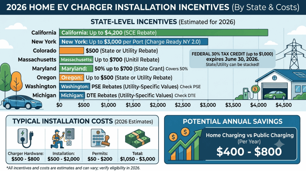 Home charger installation 101: did you miss the June 30 federal tax credit deadline? Comparison chart showing state EV charger incentives including California up to $4,200, New York up to $3,000, Colorado $500, Massachusetts up to $700, and annual home charging savings of $400-800