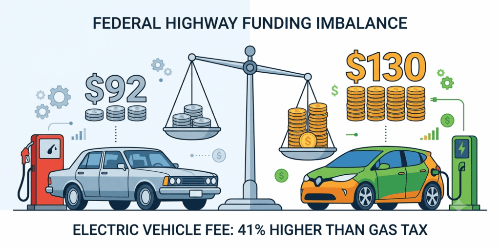 Editorial illustration comparing the new $130 federal EV fee proposal how much will you pay against the $92 average gasoline tax, featuring a balance scale showing the $130 EV charge outweighing the gas tax.
