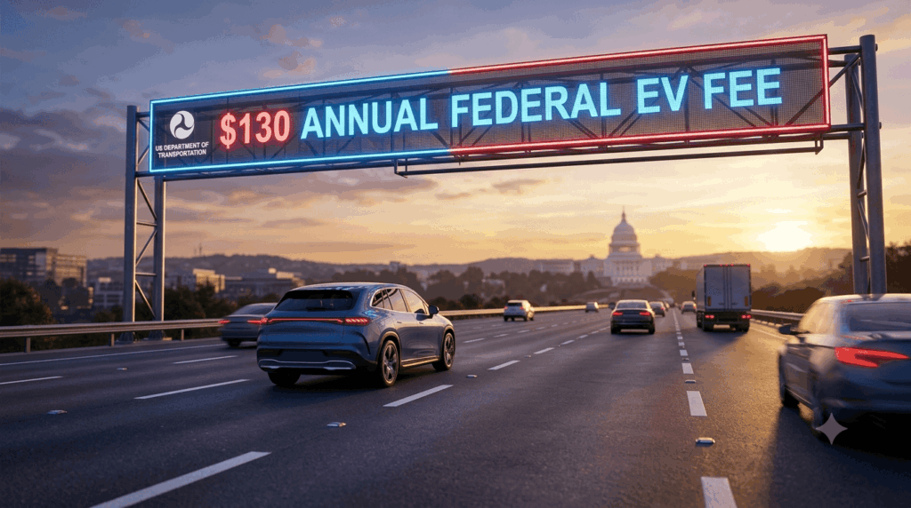 Featured banner image illustrating the new $130 federal EV fee proposal how much will you pay, showing an electric SUV on a US highway beneath a glowing $130 digital road sign and the US Capitol.