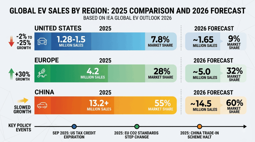 US (-25%), Europe (+36%), China (-9%) — comparison chart showing US EV sales at 1.28-1.5 million with 7.8 percent market share, Europe at 4.2 million with 28 percent market share, China at 13.2 million with 55 percent market share, with 2026 forecasts