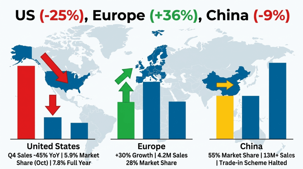 US (-25%), Europe (+36%), China (-9%) — infographic showing US EV sales collapse with Q4 down 45 percent and 5.9 percent market share, Europe surge with 30 percent growth and 28 percent market share, China slowdown with 55 percent market share and 13 million sales