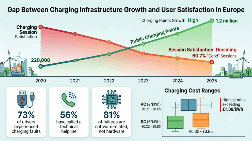 Europe hits 1.2M charging points – but why is user satisfaction dropping? Comparison chart showing charging infrastructure growth from 220,000 to 1.2 million versus declining satisfaction with 40 percent of sessions having problems, 73 percent experiencing faults, and charging costs ranging from €0.27 to over €1.00 per kWh