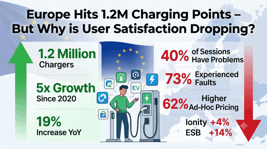 Europe hits 1.2M charging points – but why is user satisfaction dropping? Infographic showing 1.2 million public chargers with 5x growth since 2020, alongside 40 percent of charging sessions having problems, 73 percent experiencing faults, and rising costs with Ionity up 4 percent and ESB up 14 percent