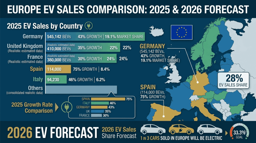 Europe's EV sales surge 30% – how Germany, Spain, and Italy are leading the comeback — comparison chart showing Germany 545,142 BEVs at 43 percent growth, Spain 114,000 BEVs at 75 percent growth, Italy 94,230 BEVs at 46 percent growth, with 2026 forecast of one in three European car sales electric