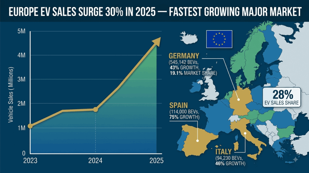 Europe's EV sales surge 30% – how Germany, Spain, and Italy are leading the comeback — infographic showing 4+ million EV sales in Europe 2025 with 28 percent market share, Germany 545,142 BEVs at 43 percent growth, Spain 114,000 BEVs at 75 percent growth, Italy 94,230 BEVs at 46 percent growth