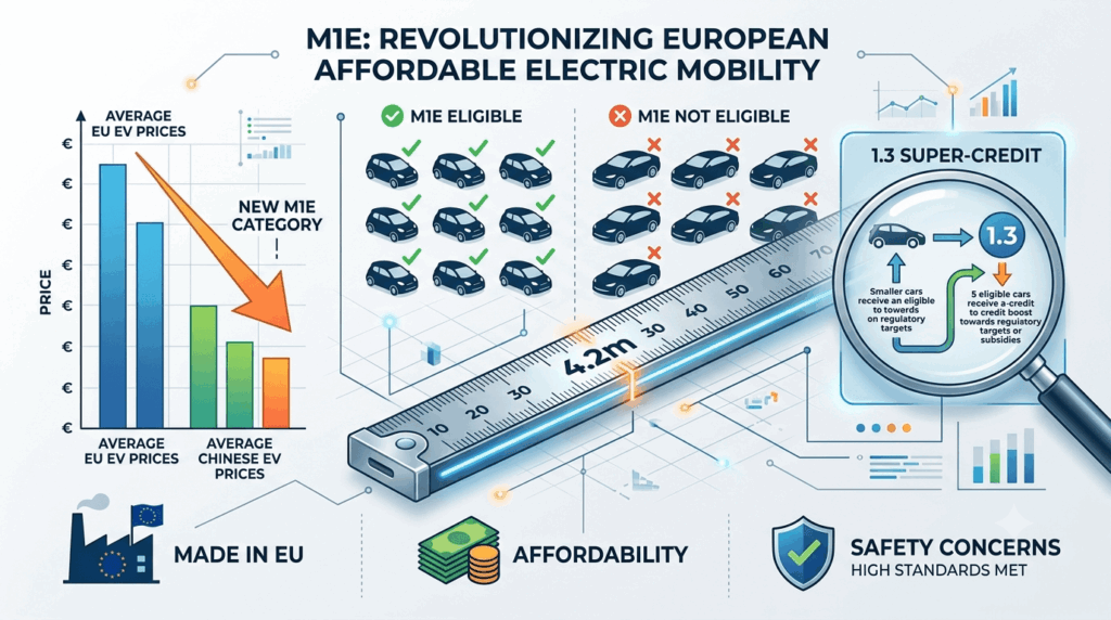 A policy infographic showing the 4.2 metre threshold and super-credit mechanism from the EU Omnibus automotive proposal small affordable EV category, with a bar chart comparing EU and Chinese small EV prices and icons for Made in EU production and affordability.