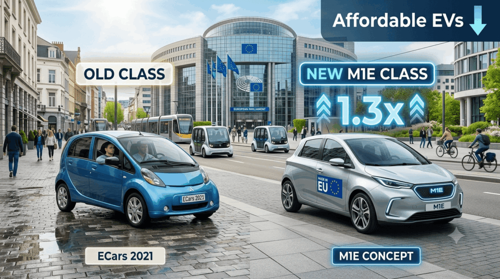 A split-scene European city illustration of the EU Omnibus automotive proposal small affordable EV category, showing an M1E small EV with a 1.3x multiplier and Made in EU badge alongside a standard small EV, with the European Parliament in the background.