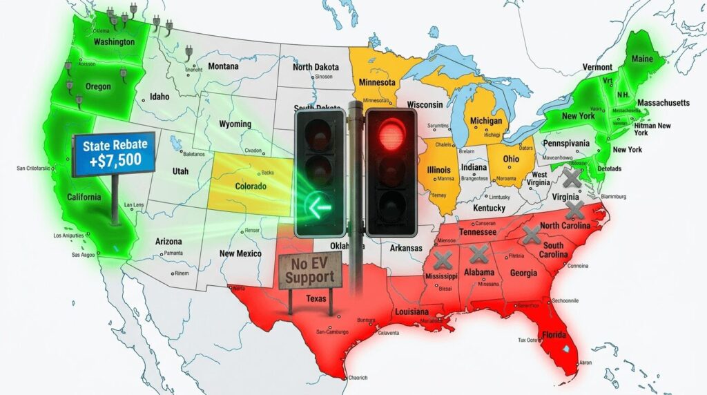Visual financial contrast for US state EV policy scorecard is your state a green light or red light - showing a Green Light state with charging infrastructure and rebates versus a Red Light state with zero support and no chargers.