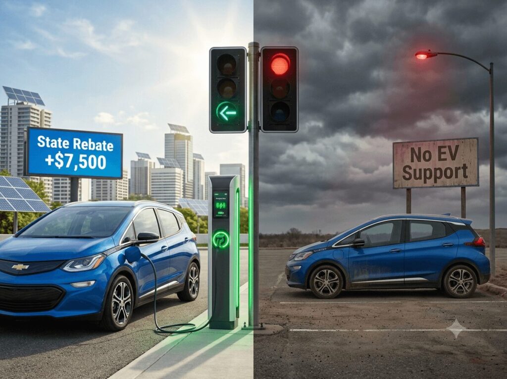US state EV policy scorecard is your state a green light or red light - featured map showing California and Northeast as green leaders versus Texas and the Deep South as red light policy zones based on the June 2026 Brookings report.