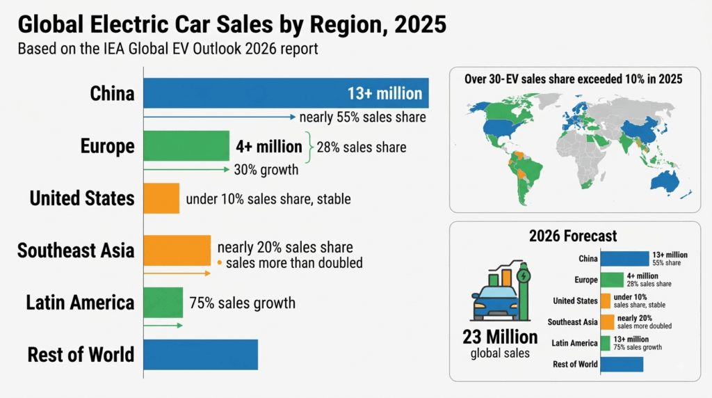 IEA Global EV Outlook 2026: 2025 sales hit 20M, capturing 25% of global car sales — infographic showing 20 million EV sales in 2025 with 25 percent market share, 23 million forecast for 2026, regional breakdowns for China, Europe, and US, and key metrics on oil displacement and battery deployment