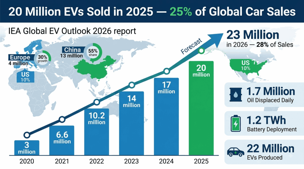 IEA Global EV Outlook 2026: 2025 sales hit 20M, capturing 25% of global car sales — regional breakdown chart showing China 13 million EVs at 55 percent share, Europe 4 million at 28 percent with 30 percent growth, US under 10 percent, and emerging markets surge in Southeast Asia and Latin America