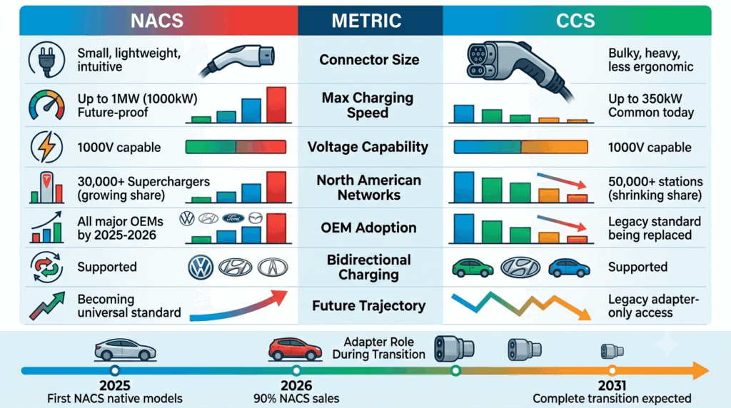 NACS vs. CCS: what does the standardization (SAE J3400) mean for US drivers? Comparison chart showing NACS advantages: smaller connector, up to 1MW vs 350kW, 30,000+ Superchargers, all major OEMs adopting by 2025-2026, with transition timeline to 2031
