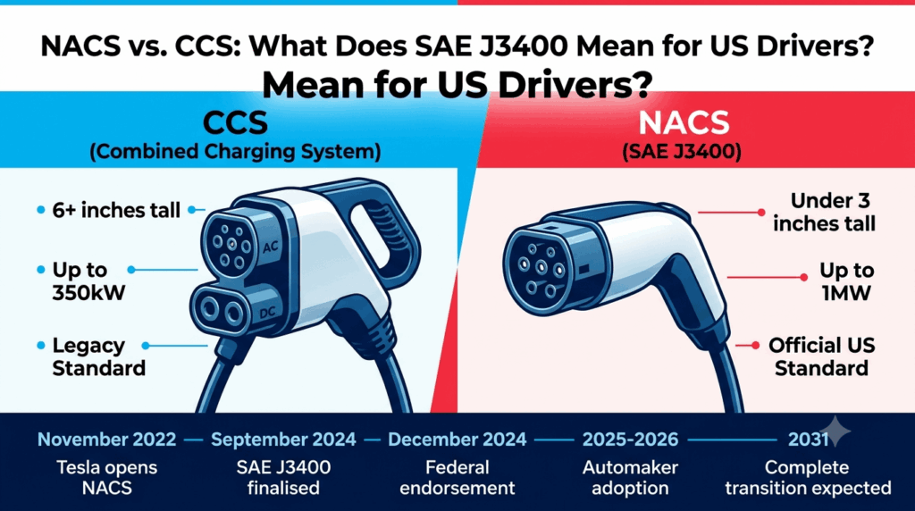 NACS vs. CCS: what does the standardization (SAE J3400) mean for US drivers? Infographic comparing CCS connector (6+ inches, up to 350kW) with NACS/SAE J3400 connector (under 3 inches, up to 1MW, official US standard) with timeline from 2022 to 2031