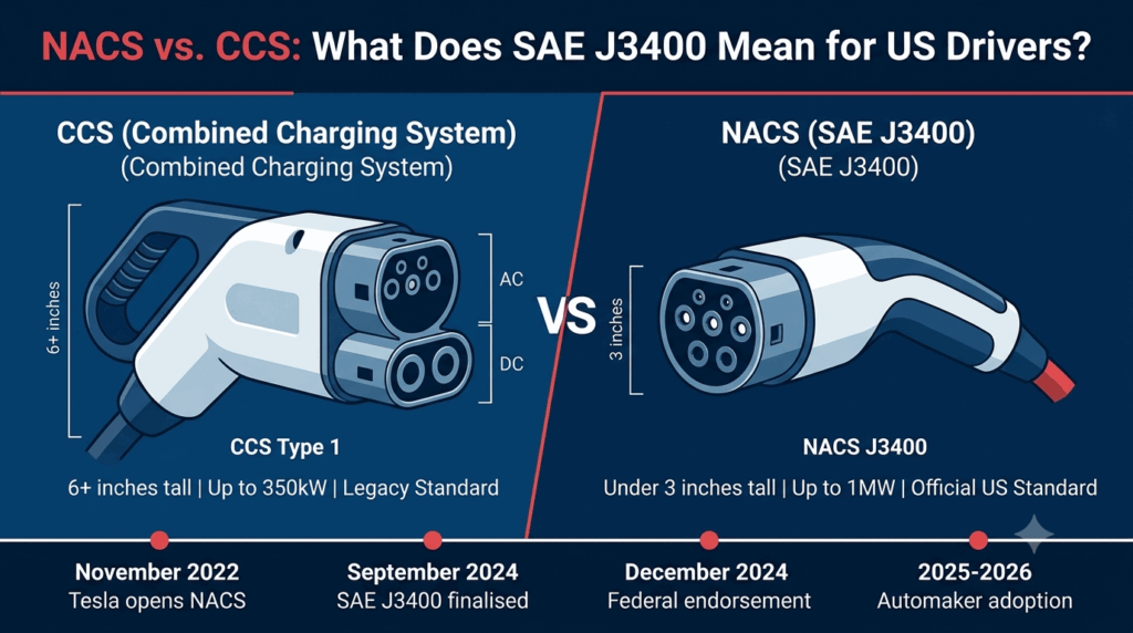 NACS vs. CCS: what does the standardization (SAE J3400) mean for US drivers? Infographic comparing CCS connector (6+ inches, up to 350kW) with NACS/SAE J3400 connector (under 3 inches, up to 1MW, official US standard) with timeline from 2022 to 2026